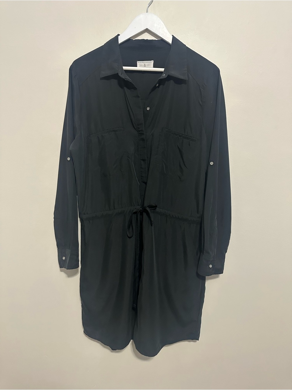 Lou & Grey Black Long Sleeve Shirt Dress with Drawstring Waist